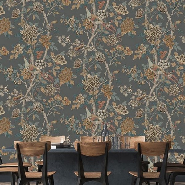 Papel de parede Hydrangea Bird Charcoal Sienna BW450912 - GP & JBAKER