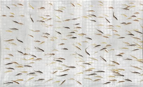 Fishes Amber on REal Silver gilded silk