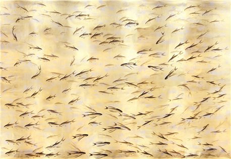 Fishes Original on Deep Rich Gold gilded paper with désargenter pearlescent antiquing