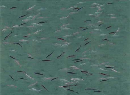 Fishes Part custom on custom blue green painted silk with antiquing