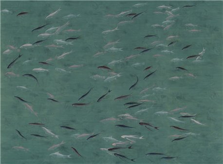 Fishes Part custom on custom blue green painted silk with antiquing