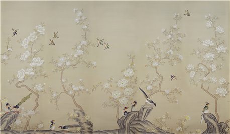 Japanese Garden Full cusxtom on Faint Gold metallic silk