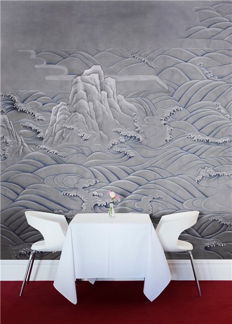 Matsushima Waves Hokusai on Gun Metal dyed silk