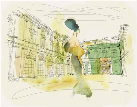 WATERCOLOR AND PALAZZO SERBELLONI, WOMAN IN STYLE AS-17