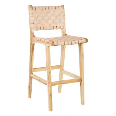 TABURETE BEIGE MADERA TECA-PIEL 45 X 57 X 95 CM REF.600387
