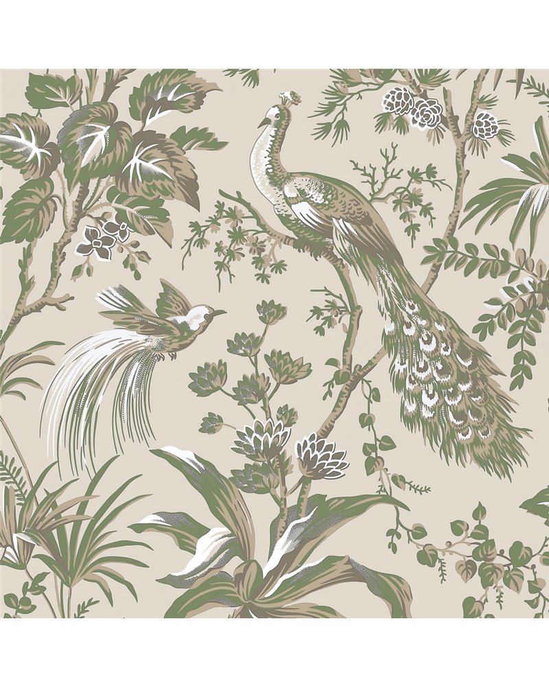 Peacock Toile Green On Natural AT57832 Peacock Toile Green On Natural AT57832